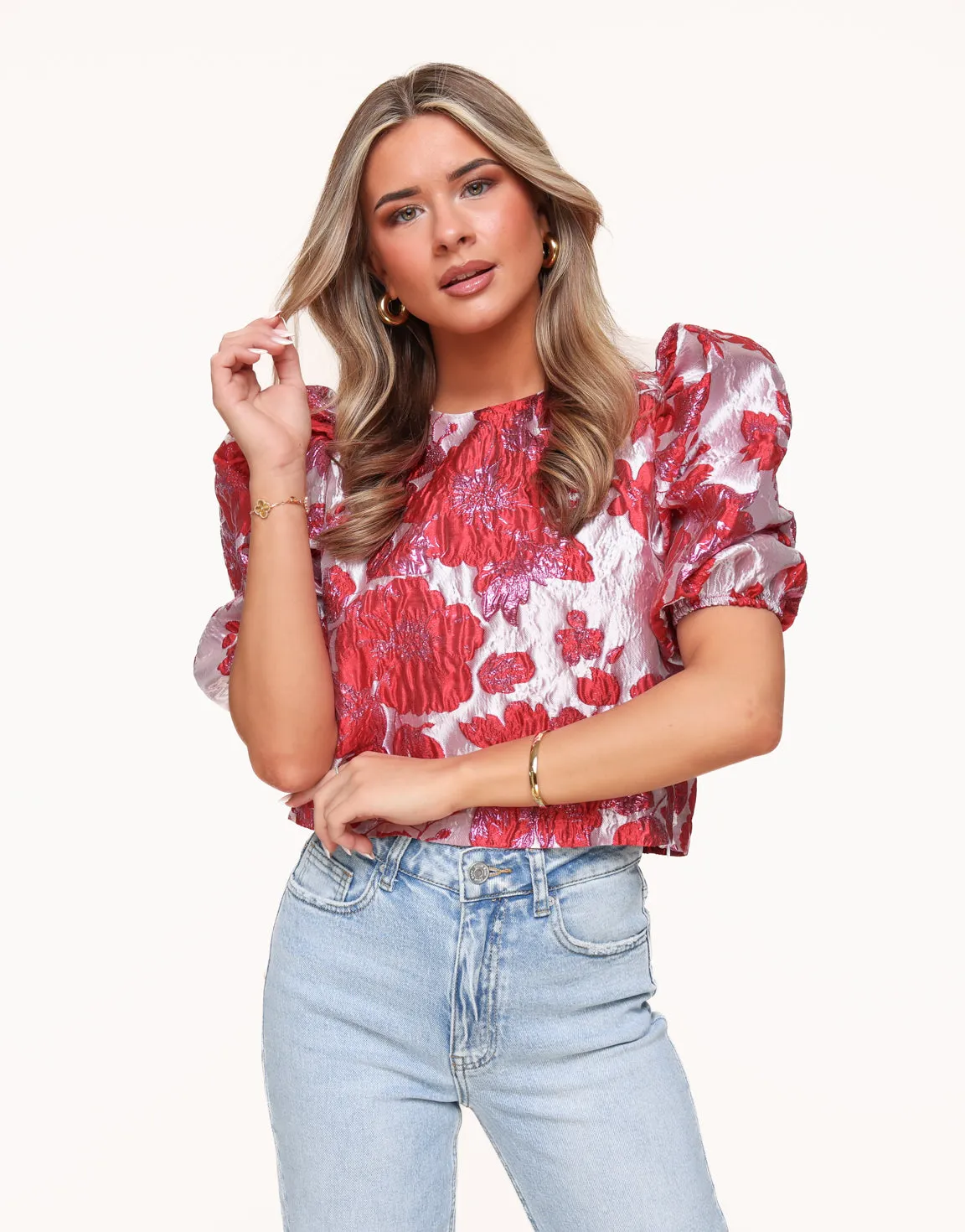 Rode Statement Bloemen Pofmouwen - Top