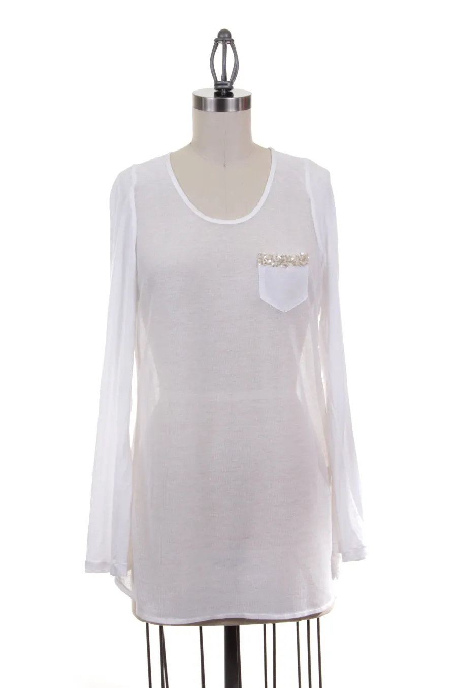 Sheer Silk Blouse with Rhinestone Pocket Detail