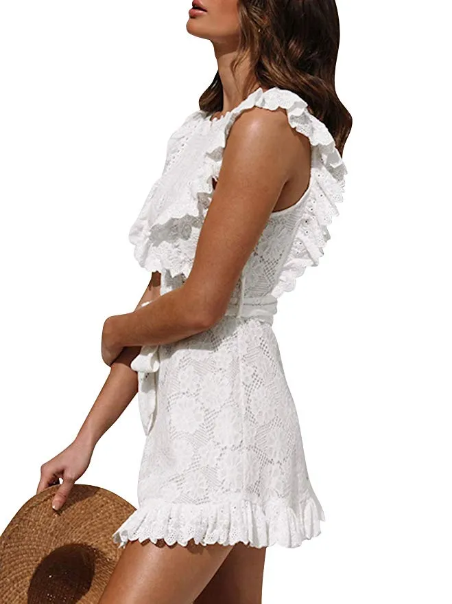 TastyHottie - Lace Floral Hollow Out Mini Dress Ruffle Tie Waist Summer Dress