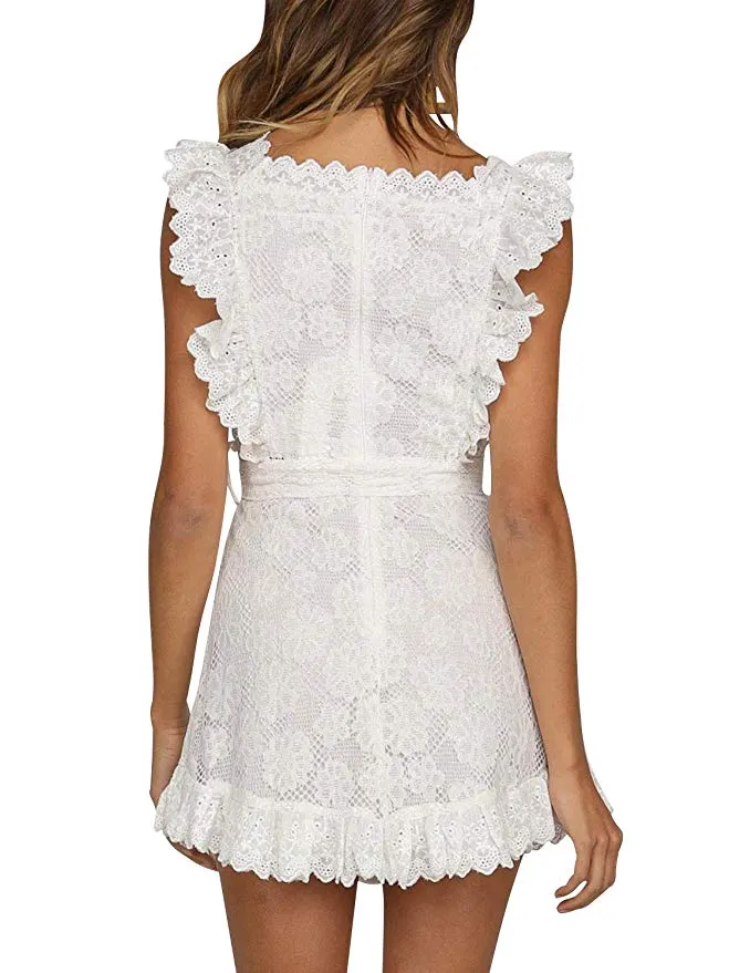 TastyHottie - Lace Floral Hollow Out Mini Dress Ruffle Tie Waist Summer Dress