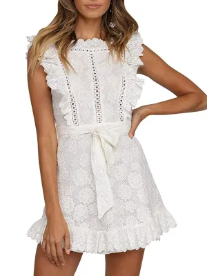 TastyHottie - Lace Floral Hollow Out Mini Dress Ruffle Tie Waist Summer Dress