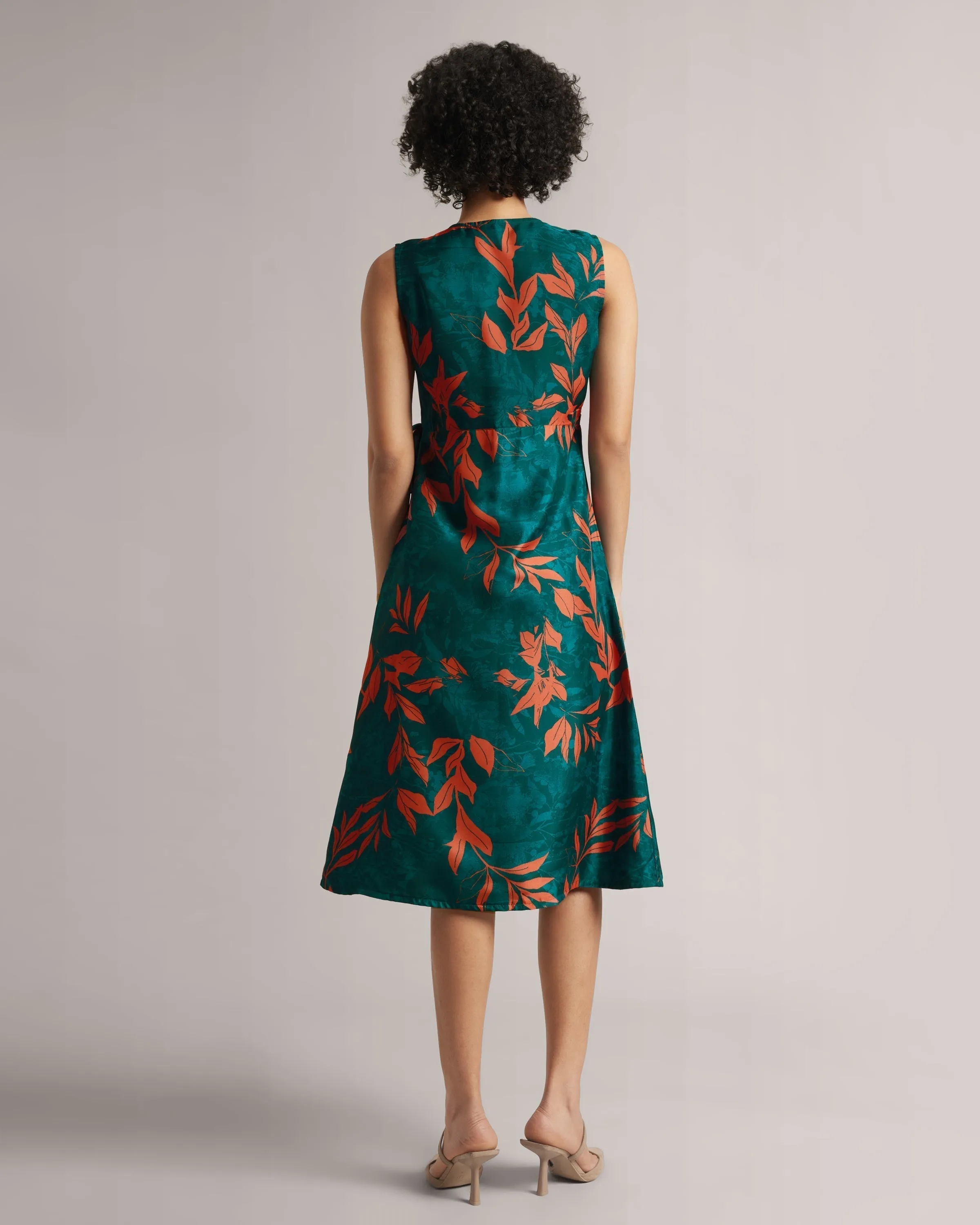 Teal Green Organza Botanic Print Wrap Midi Dress