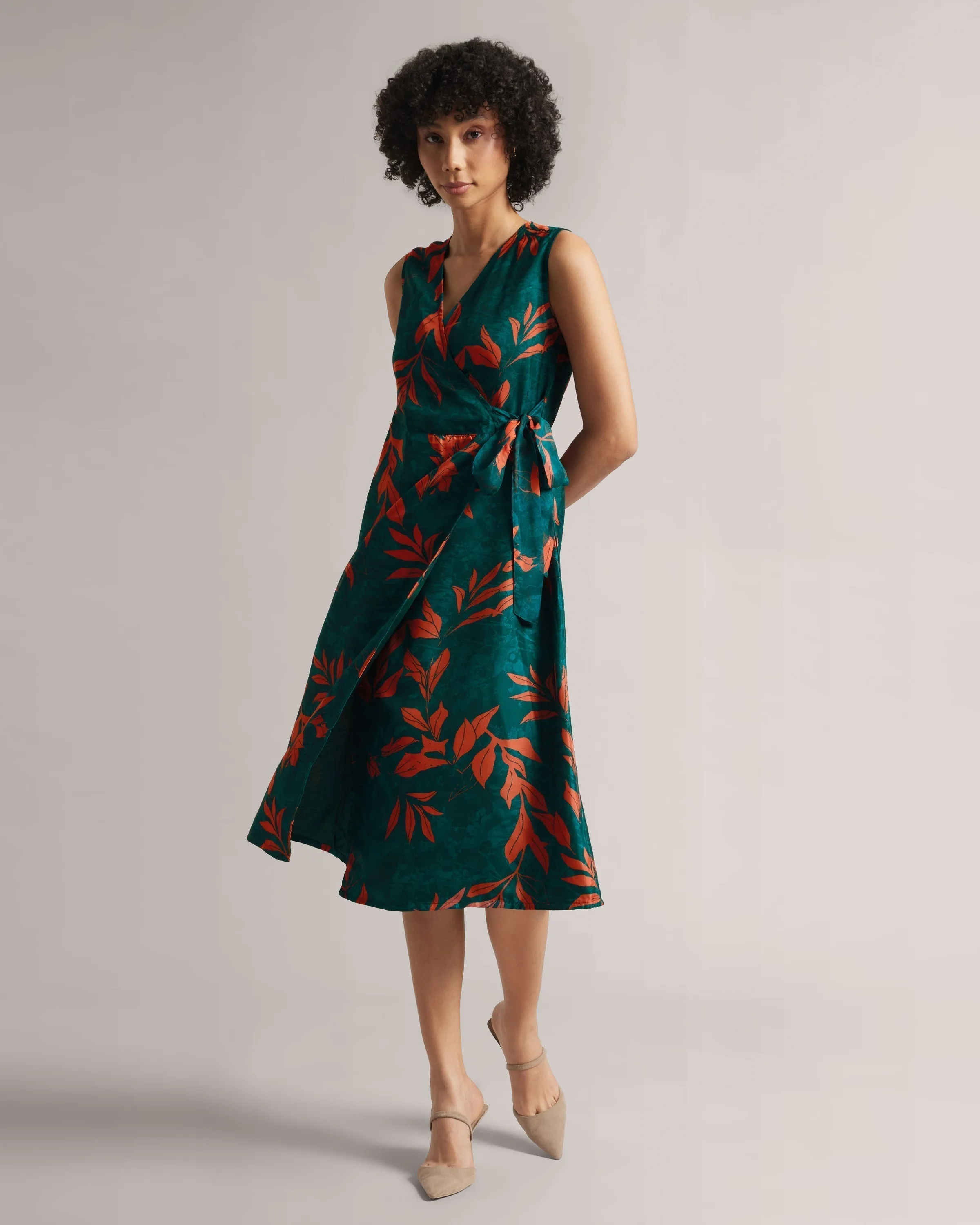 Teal Green Organza Botanic Print Wrap Midi Dress