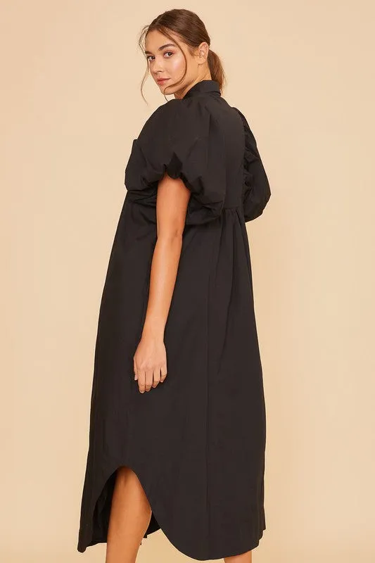 TEEK - Black Smocked Puff Sleeve Midi Dress