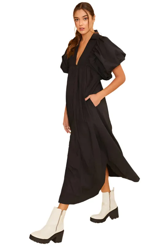 TEEK - Black Smocked Puff Sleeve Midi Dress
