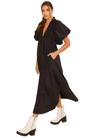 TEEK - Black Smocked Puff Sleeve Midi Dress