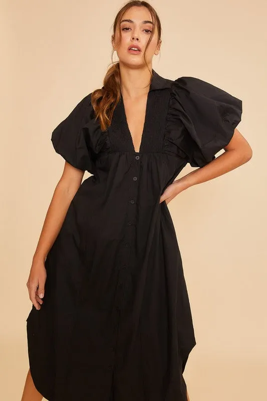 TEEK - Black Smocked Puff Sleeve Midi Dress