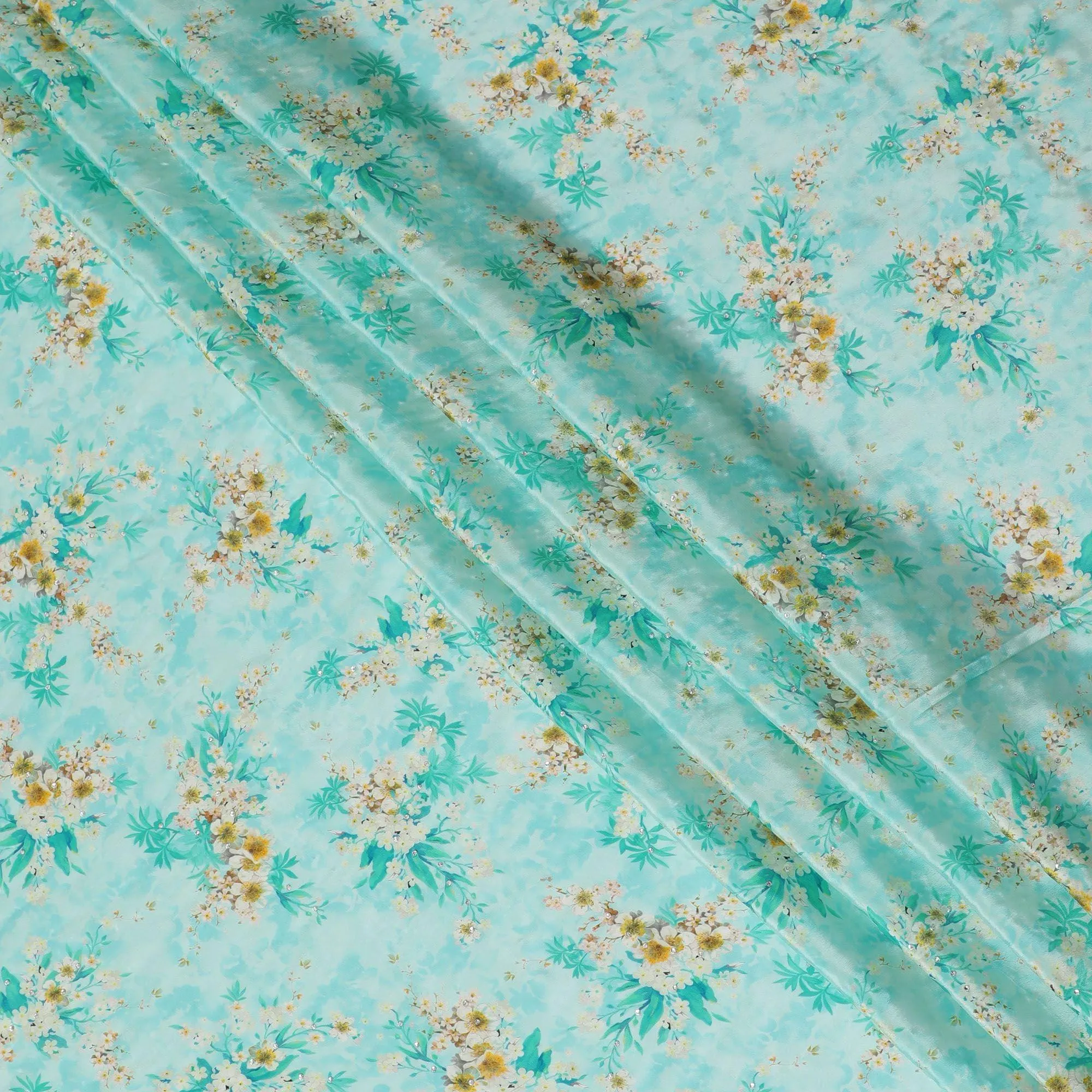 Turquoise blue synthetic crepe fabric with beige and mustard yellow print having stone work in floral design-D15295