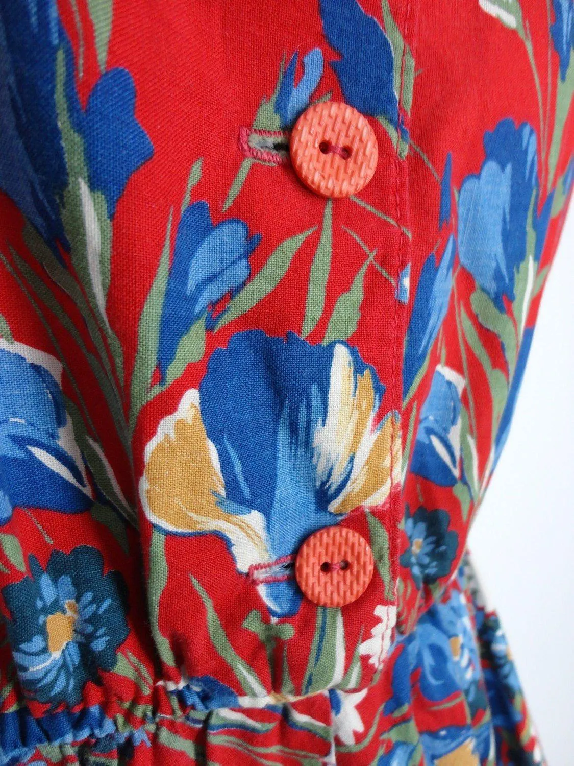 Vintage 1950s Cotton Sundress / Red Floral Print