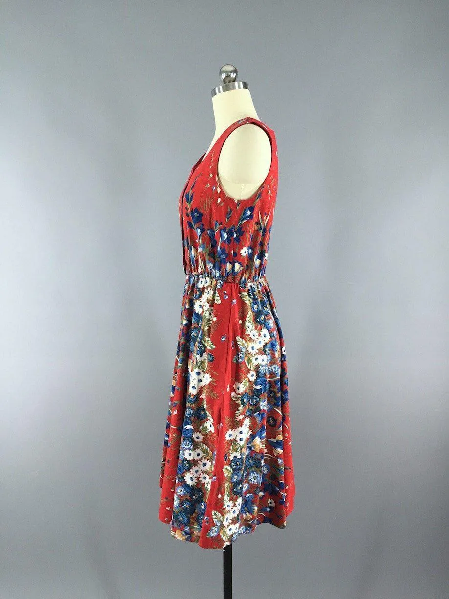 Vintage 1950s Cotton Sundress / Red Floral Print