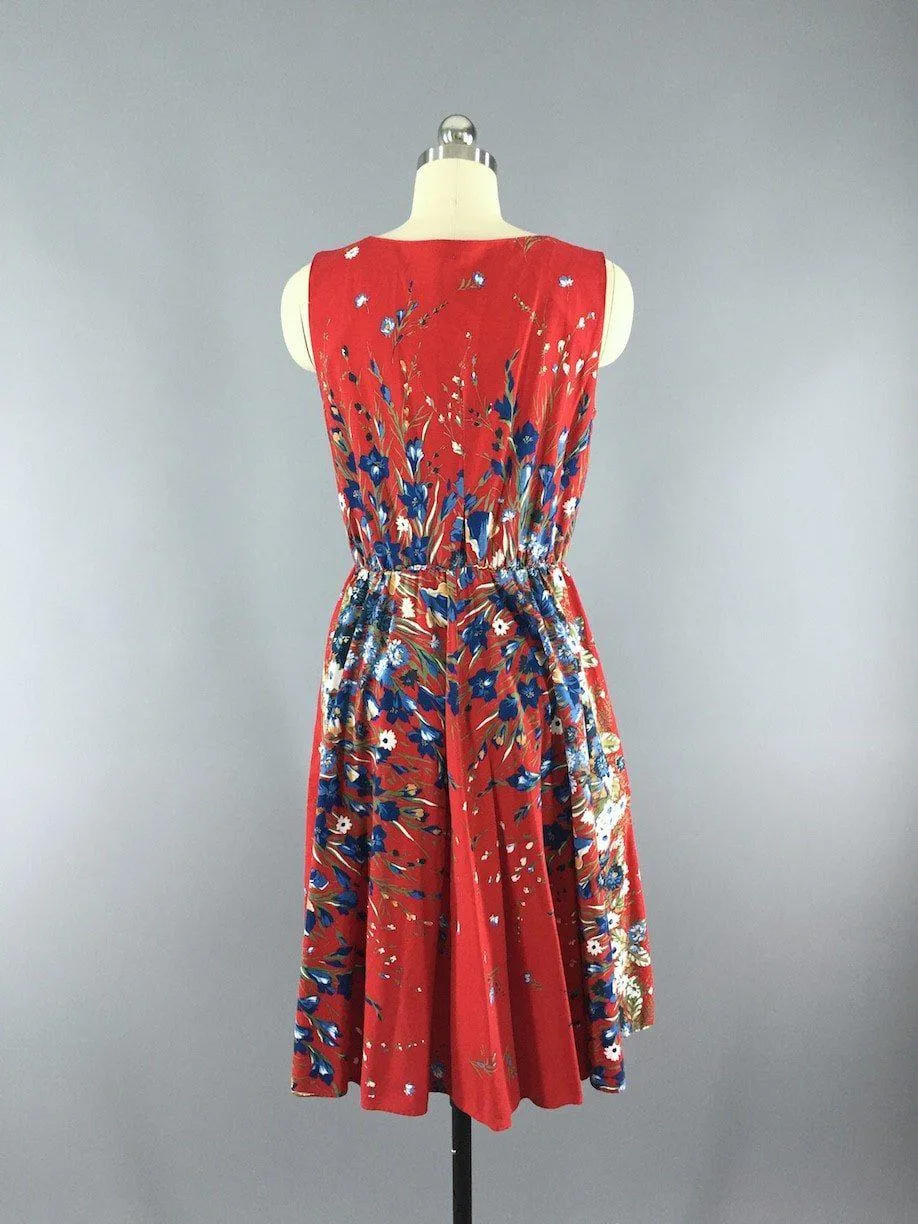 Vintage 1950s Cotton Sundress / Red Floral Print