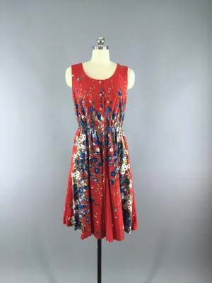 Vintage 1950s Cotton Sundress / Red Floral Print