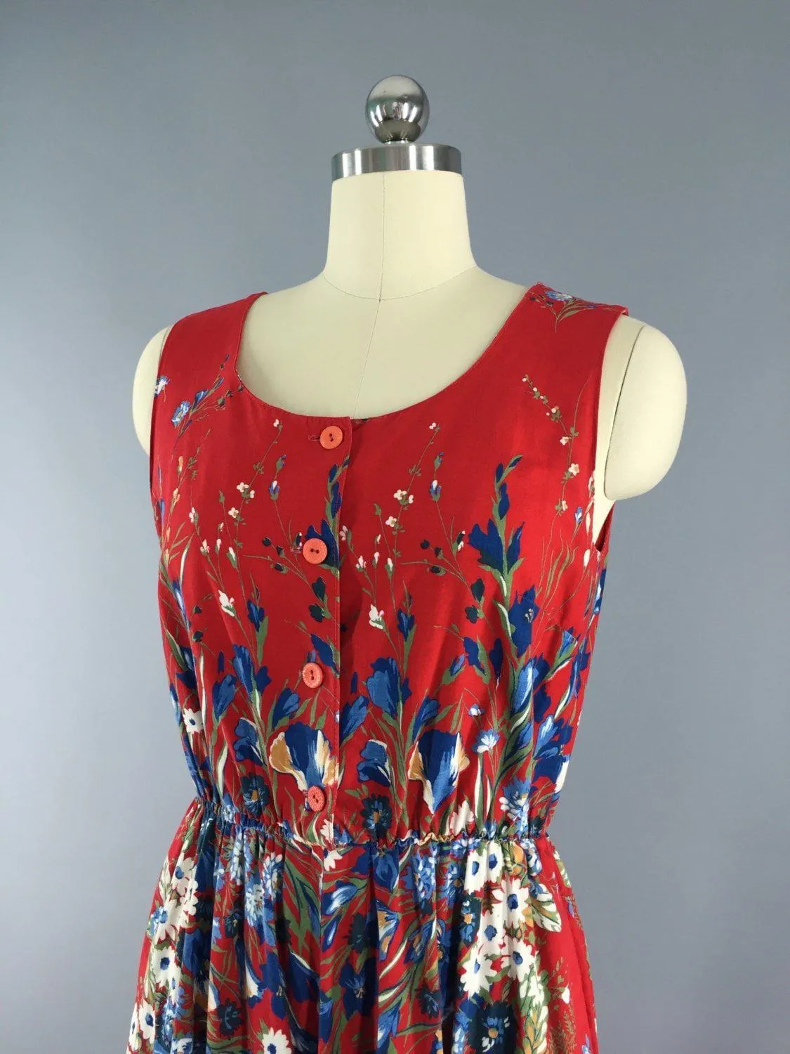 Vintage 1950s Cotton Sundress / Red Floral Print