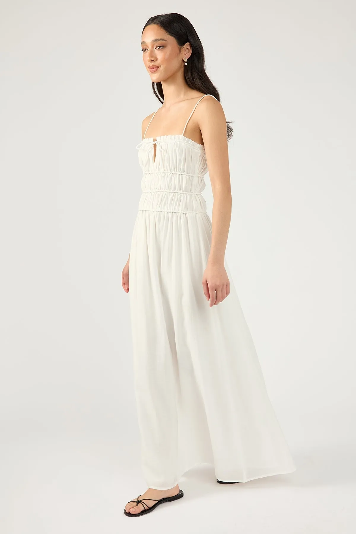 White Diletta Shirred Midi Dress