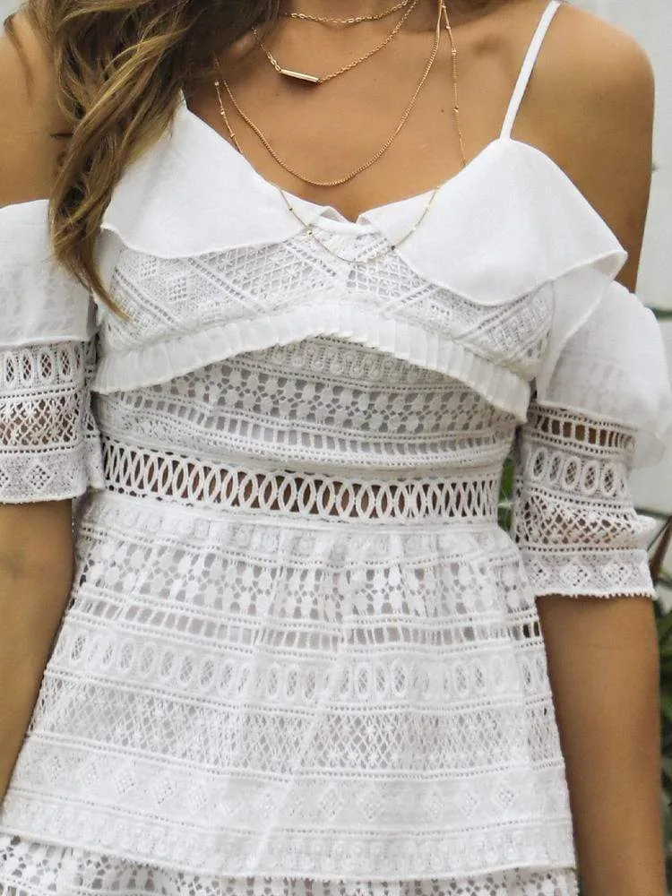 White Lace Half Sleeve Ruffles Casual Dress
