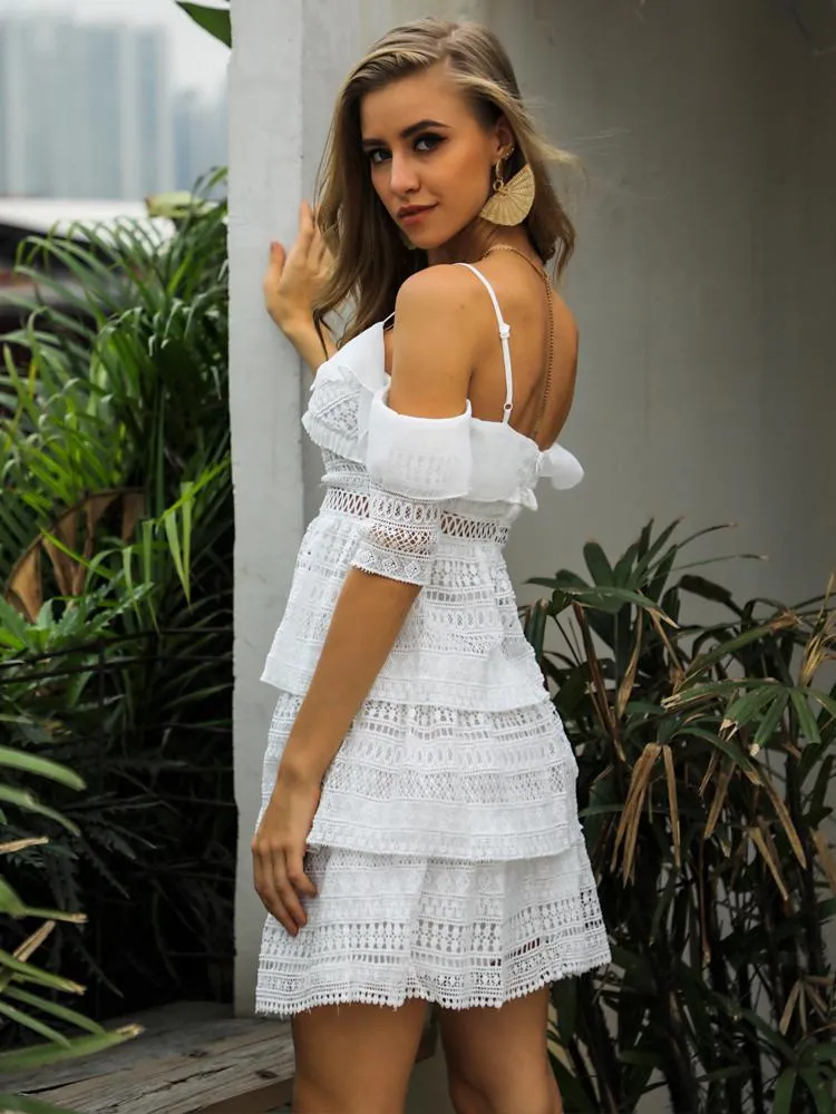 White Lace Half Sleeve Ruffles Casual Dress